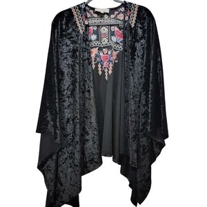 Philosophy Black Crushed Velvet Embroidered Kimono Wrap Shawl OS Boho Whimsygoth